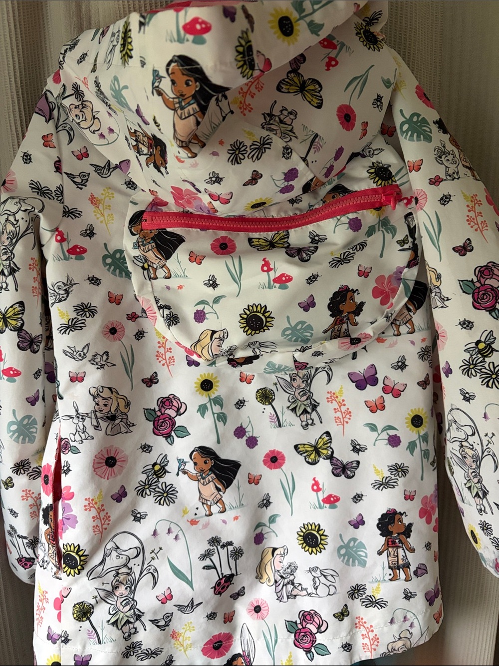 Disney White Floral & Character Hooded Raincoat with Pink Zipper